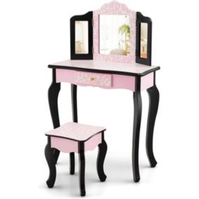 Ensemble de Coiffeuse et Tabouret pour Enfants avec Miroir Rabattable Courbes Arrondies Bureau de Maquillage 2 en 1