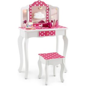 Ensemble de Coiffeuse et Tabouret pour Enfants avec Miroir Rabattable Tiroir Unique Bureau de Maquillage 2 en 1