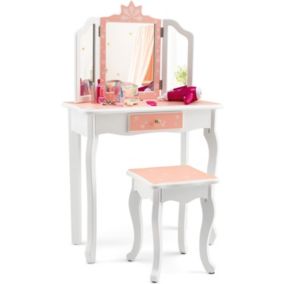 Ensemble de Coiffeuse et Tabouret pour Enfants avec Miroir Rabattable Tiroir Unique Plateau Amovible Courbes Arrondies Rose