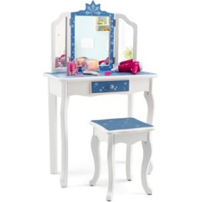 Ensemble de Coiffeuse et Tabouret pour Enfants Miroir Rabattable Tiroir Unique Plateau Amovible Bureau de Maquillage