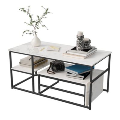 Ensemble De Deux Tables Basses Modernes ,Cadre En Métal Effet Marbre ,Pour Salon Et Balcon, Noir