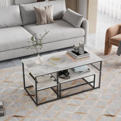 Ensemble De Deux Tables Basses Modernes ,Cadre En Métal Effet Marbre ,Pour Salon Et Balcon, Noir