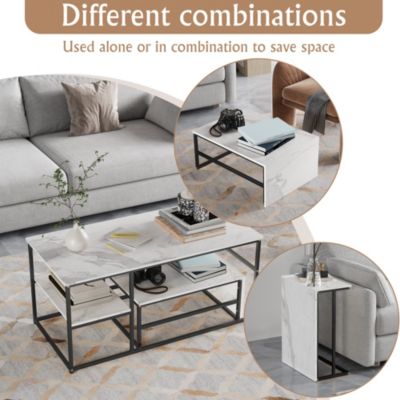Ensemble De Deux Tables Basses Modernes ,Cadre En Métal Effet Marbre ,Pour Salon Et Balcon, Noir
