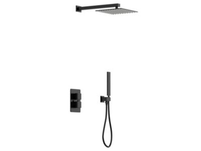 Ensemble de douche encastrable avec mitigeur thermostatique et support mural fixe - Noir mat - TEREK