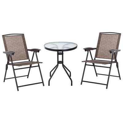 Ensemble de jardin 3 pcs 2 chaises inclinables multipostions pliables table ronde verre trempé métal textilène chocolat