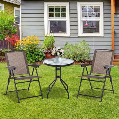 Ensemble de jardin 3 pcs 2 chaises inclinables multipostions pliables table ronde verre trempé métal textilène chocolat