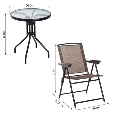 Ensemble de jardin 3 pcs 2 chaises inclinables multipostions pliables table ronde verre trempé métal textilène chocolat