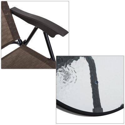 Ensemble de jardin 3 pcs 2 chaises inclinables multipostions pliables table ronde verre trempé métal textilène chocolat