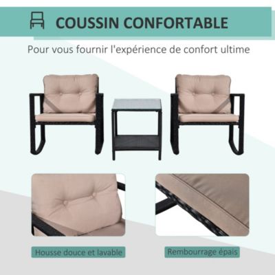 Ensemble de jardin 3 pcs style colonial 2 fauteuils à bascule coussins marron table basse métal époxy résine tressée 4 fils noir