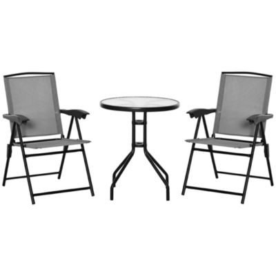 Ensemble de jardin 3 pièces 2 chaises inclinables multi-positions pliables + table ronde verre trempé métal époxy textilène gris