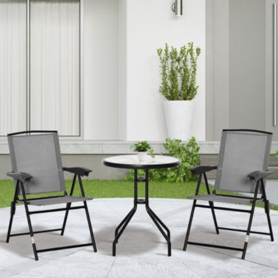 Ensemble de jardin 3 pièces 2 chaises inclinables multi-positions pliables + table ronde verre trempé métal époxy textilène gris