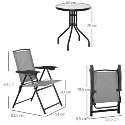 Ensemble de jardin 3 pièces 2 chaises inclinables multi-positions pliables + table ronde verre trempé métal époxy textilène gris