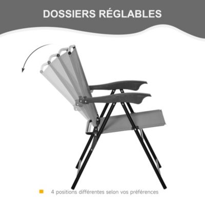 Ensemble de jardin 3 pièces 2 chaises inclinables multi-positions pliables + table ronde verre trempé métal époxy textilène gris
