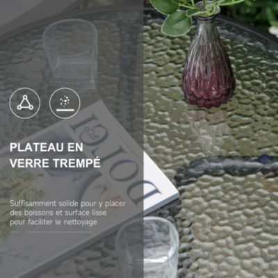 Ensemble de jardin 3 pièces 2 chaises inclinables multi-positions pliables + table ronde verre trempé métal époxy textilène gris
