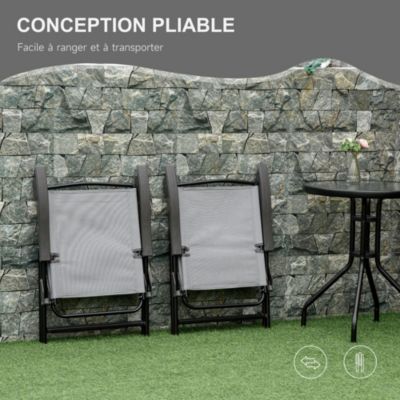 Ensemble de jardin 3 pièces 2 chaises inclinables multi-positions pliables + table ronde verre trempé métal époxy textilène gris