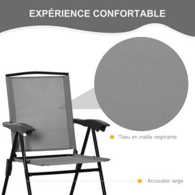 Ensemble de jardin 3 pièces 2 chaises inclinables multi-positions pliables + table ronde verre trempé métal époxy textilène gris
