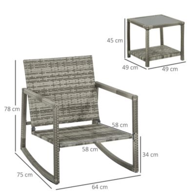 Ensemble de jardin 3 pièces 2 fauteuils à bascule table basse coussins inclus métal époxy résine tressée PE polyester gris