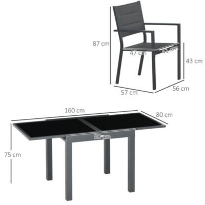 Ensemble de jardin 4 personnes chaises empilables table extensible 80/160L cm alu. teslin antracite