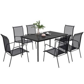Ensemble de jardin 6 pers. 6 chaises empilables table plateau verre trempé 5 mm métal époxy textilène noir