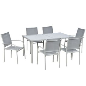 Ensemble de jardin 6 personnes chaises empilables table à manger dim. 150L x 90l x 72H cm plateau verre acier époxy textilène gris