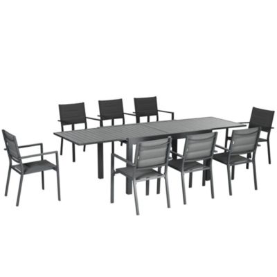 Ensemble de jardin 8 personnes chaises empilables table extensible 135/270L cm alu. textilène gris