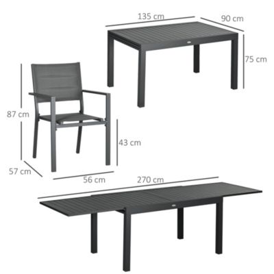 Ensemble de jardin 8 personnes chaises empilables table extensible 135/270L cm alu. textilène gris