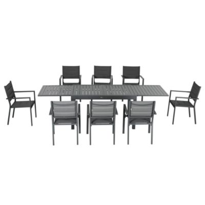 Ensemble de jardin 8 personnes chaises empilables table extensible 135/270L cm alu. textilène gris
