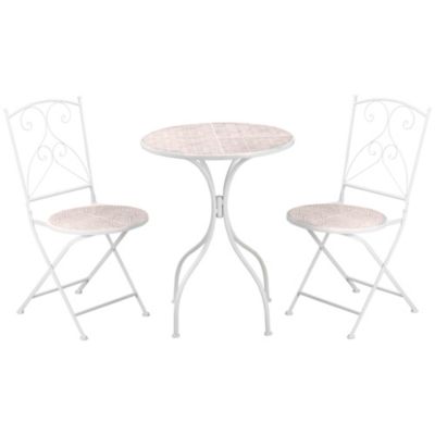 Ensemble de jardin bistro 3 pièces 2 chaises pliantes et table ronde - métal époxy, plateau mosaïque - blanc