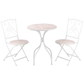 Ensemble de jardin bistro 3 pièces 2 chaises pliantes et table ronde - métal époxy, plateau mosaïque - blanc