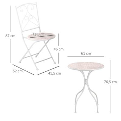 Ensemble de jardin bistro 3 pièces 2 chaises pliantes et table ronde - métal époxy, plateau mosaïque - blanc