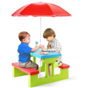Ensemble de Jardin pour Enfant Ensemble Table de Pique Nique et Banc avec Parasol Activite Exterieur Rouge