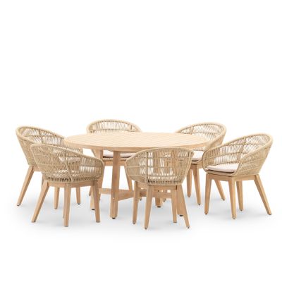 Ensemble de jardin table ronde 150 et 6 chaises corde beige - Siena & Provenza