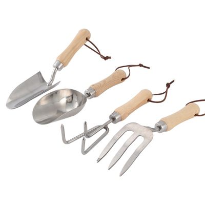 Ensemble de jardinage comprenant une petite pelle, une pelle seau, un râteau à trois griffes et une épingle à cheveux à main