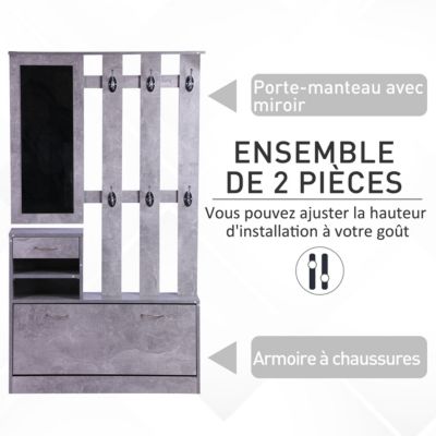 Ensemble de meubles d'entrée design contemporain : meuble chaussures, miroir et panneau porte-manteau effet béton gris