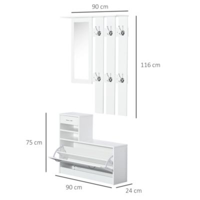 Ensemble de meubles d'entrée design contemporain : meuble chaussures, miroir et panneau porte-manteau panneaux de particules blanc