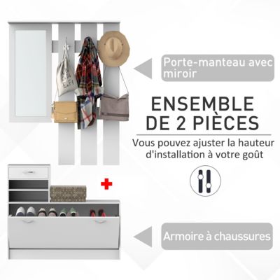 Ensemble de meubles d'entrée design contemporain : meuble chaussures, miroir et panneau porte-manteau panneaux de particules blanc