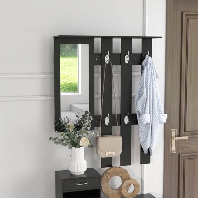 Ensemble de meubles d'entrée design contemporain : meuble chaussures, miroir et panneau porte-manteau panneaux de particules noir