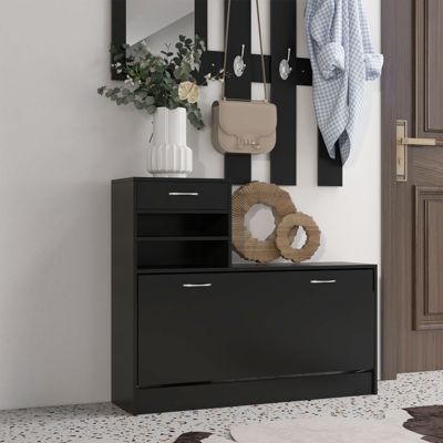 Ensemble de meubles d'entrée design contemporain : meuble chaussures, miroir et panneau porte-manteau panneaux de particules noir