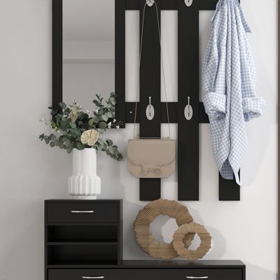 Ensemble de meubles d'entrée design contemporain : meuble chaussures, miroir et panneau porte-manteau panneaux de particules noir