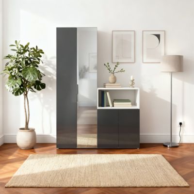 Ensemble de meubles de rangement blancs portes battantes miroir et anthracite brillant GoodHome Atomia H. 225 x L. 150 x P. 47 cm