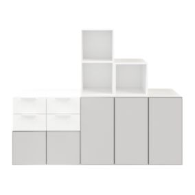 Ensemble de meubles de rangement portes battantes et tiroirs blancs et gris clair mat GoodHome Atomia H. 150 x L. 187,5 x P. 45 cm