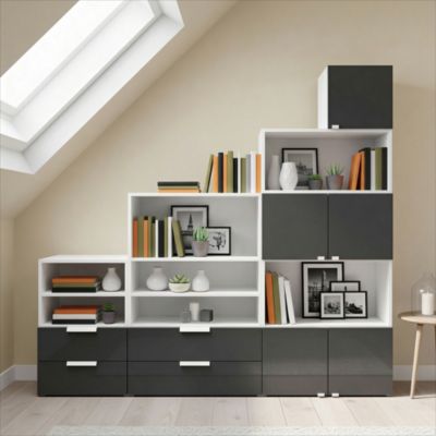Ensemble de meubles de rangement sous pente et/ou comble blancs et anthracite brillant GoodHome Atomia H. 187,5 x L. 187,5 x P. 35 cm