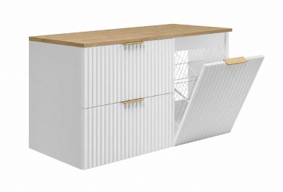 Ensemble de meubles de salle de bain avec panier à linge et plan, poignées dorées, blanc/chêne clair, 100 x 46 x 58,6 cm