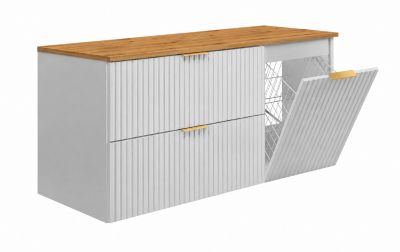 Ensemble de meubles de salle de bain avec panier à linge et plan, poignées dorées, blanc/chêne clair, 120 x 46 x 58,6 cm