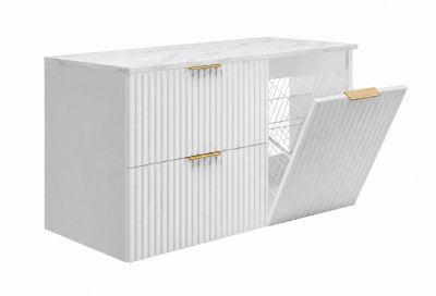 Ensemble de meubles de salle de bain avec panier à linge et plan, poignées dorées, blanc/marbre Bianco, 100 x 46 x 58,6 cm