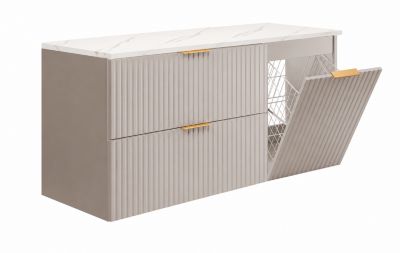 Ensemble de meubles de salle de bain avec panier à linge et plan, poignées dorées, blanc/marbre Bianco, 120 x 46 x 58,6 cm