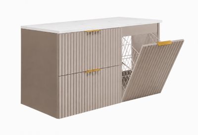 Ensemble de meubles de salle de bain avec panier à linge et plan, poignées dorées, cachemire/marbre Bianco, 100 x 46 x 58,6 cm