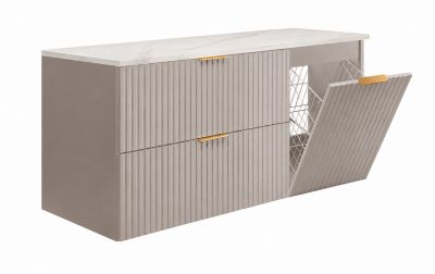 Ensemble de meubles de salle de bain avec panier à linge et plan, poignées dorées, cachemire/marbre Bianco, 120 x 46 x 58,6 cm