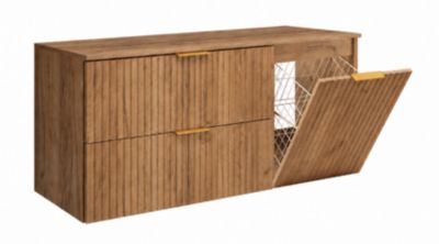 Ensemble de meubles de salle de bain avec panier à linge et plan, poignées dorées, chêne craft, 120 x 46 x 58,6 cm