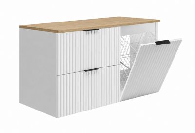 Ensemble de meubles de salle de bain avec panier à linge et plan, poignées noires, blanc/chêne clair, 100 x 46 x 58,6 cm